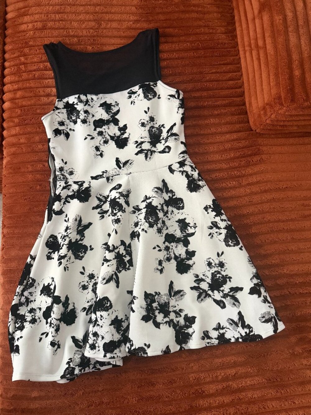 Trixxi Black and White Flocked Floral Mesh Illusion Sweetheart Skater Mini Dress